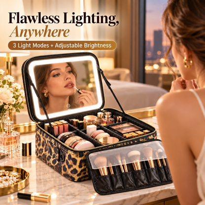 Travel Makeup Bag with LED Mirror – 3 Light Modes, Adjustable Dividers & Waterproof Cosmetic Organizer