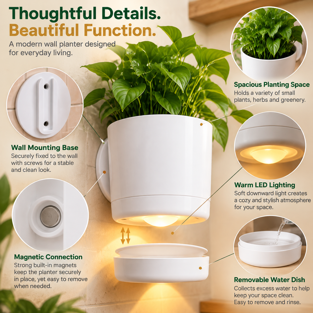 🌿 Wall-Mounted Magnetic Planter with Warm LED Light – Space-Saving Indoor Herb Pot & Modern Home Decor