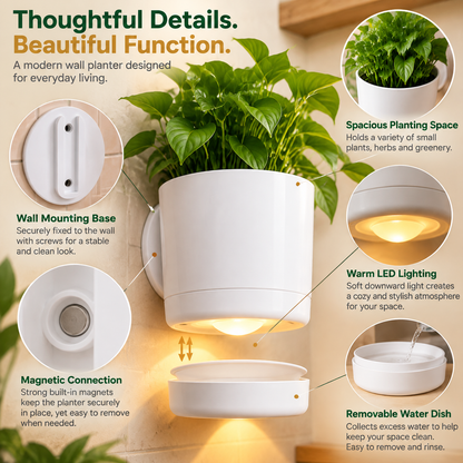 🌿 Wall-Mounted Magnetic Planter with Warm LED Light – Space-Saving Indoor Herb Pot & Modern Home Decor