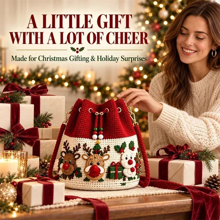 🎄 3D Christmas Crochet Bucket Bag – Festive Crossbody Purse with Detachable Strap