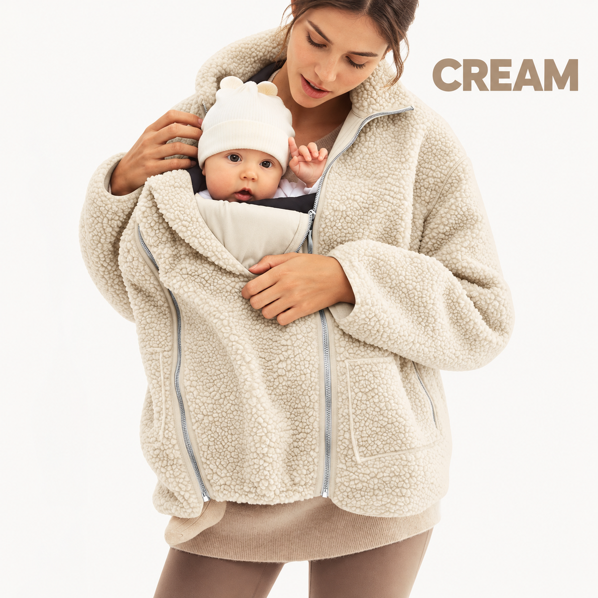 2-in-1 Maternity & Babywearing Teddy Fleece Jacket – Cozy Zip-Up Coat with Detachable Baby Panel for Moms