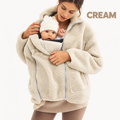 2-in-1 Maternity & Babywearing Teddy Fleece Jacket – Cozy Zip-Up Coat with Detachable Baby Panel for Moms