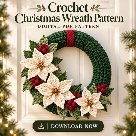 Crochet Christmas Wreath Pattern PDF – Poinsettia & Berry Wreath