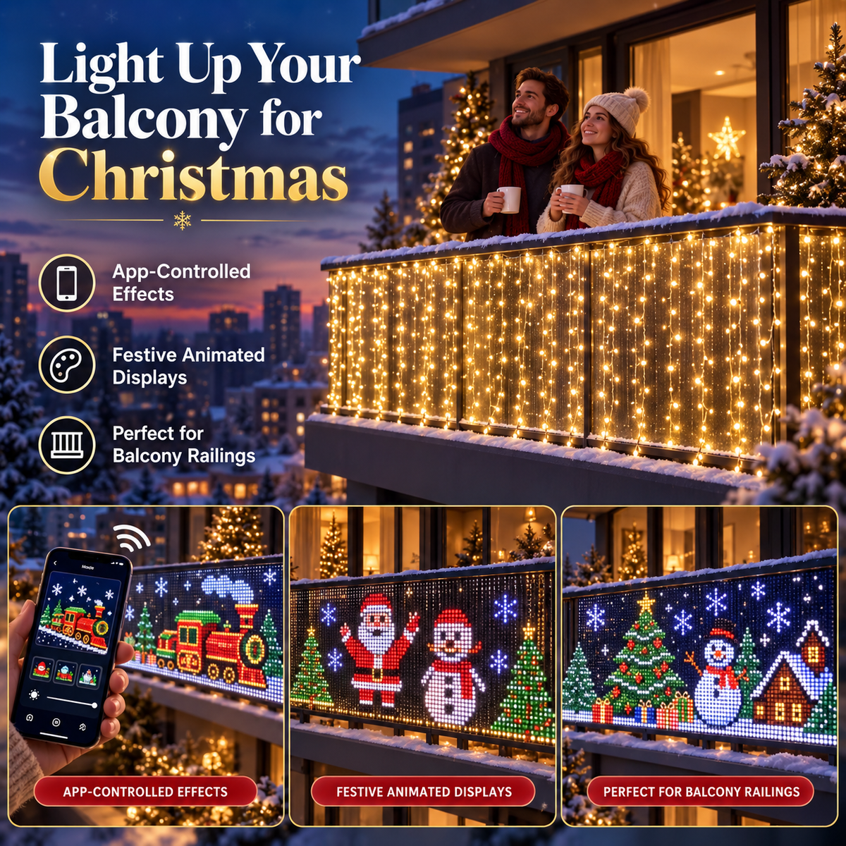 🎄🏠 Smart RGB Pixel Curtain Lights – App-Controlled Animated Holiday Display for Balcony & Window Decor-1.6m*1.6m