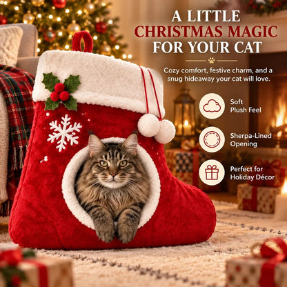 🎄 Christmas Stocking Cat Bed – Ultra-Soft Sherpa Cozy Hideaway for Cats 🐱