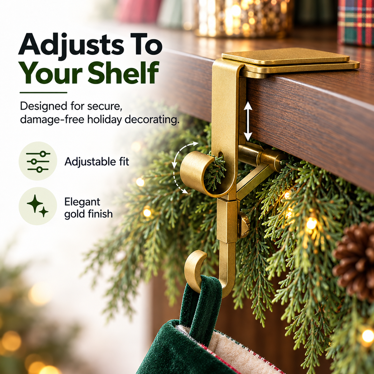 🎄 Christmas Shelf Stocking Hanger – Gold Shelf-Edge Hook for Garland & Holiday Decorations