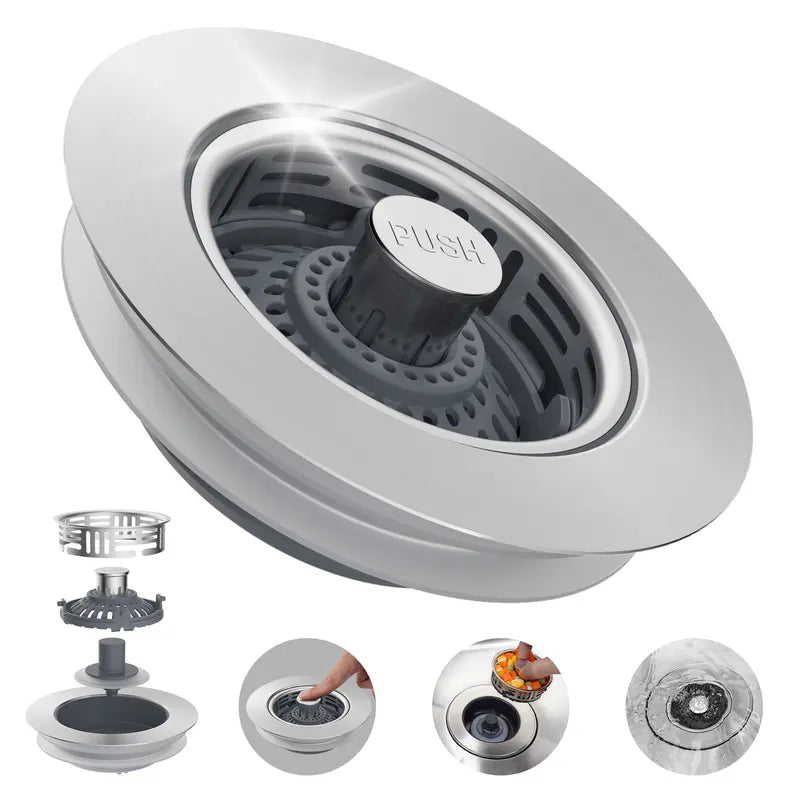 🚰 3-in-1 Stainless Steel Sink Strainer & Pop-Up Stopper – Removable Basket for 3½″ Drains ✨