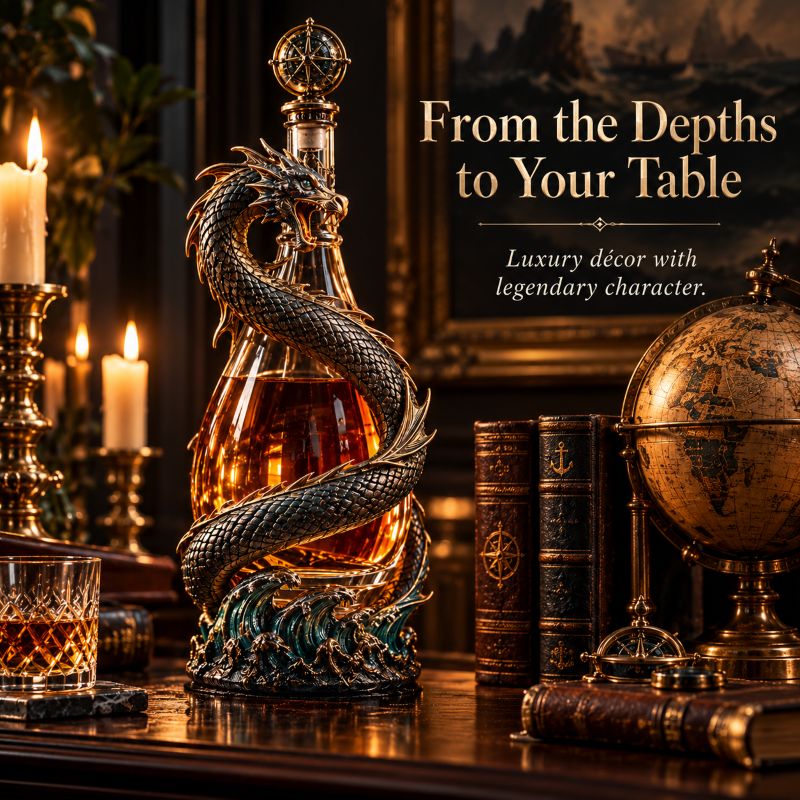 Leviathan Coil Dragon Decanter™ — Whiskey Decanter with Compass Stopper & Sculpted Dragon Design(No liquid included）