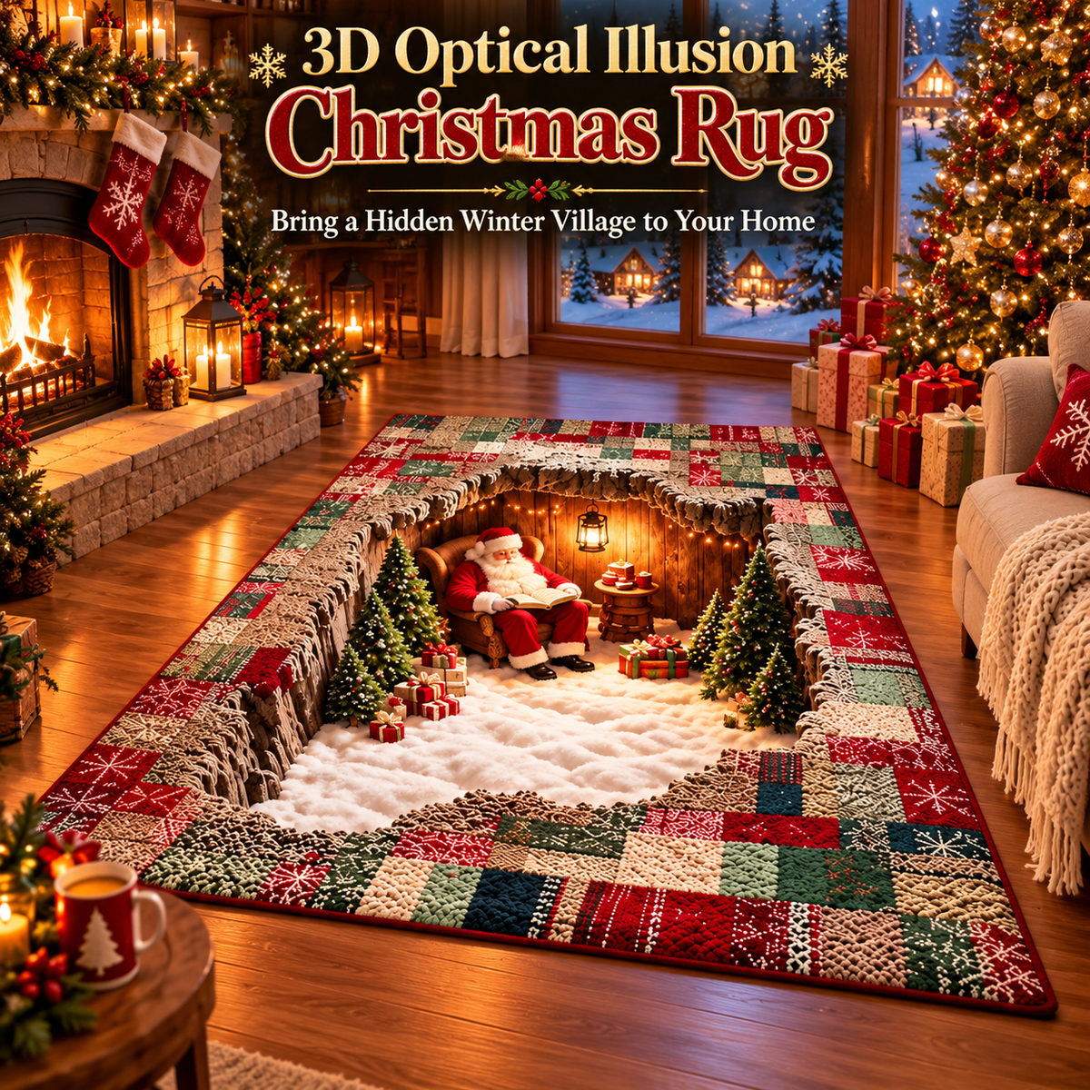 🛍️3D Optical Illusion Christmas Village Rug – Hidden Santa Winter Wonderland