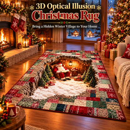 🛍️3D Optical Illusion Christmas Village Rug – Hidden Santa Winter Wonderland