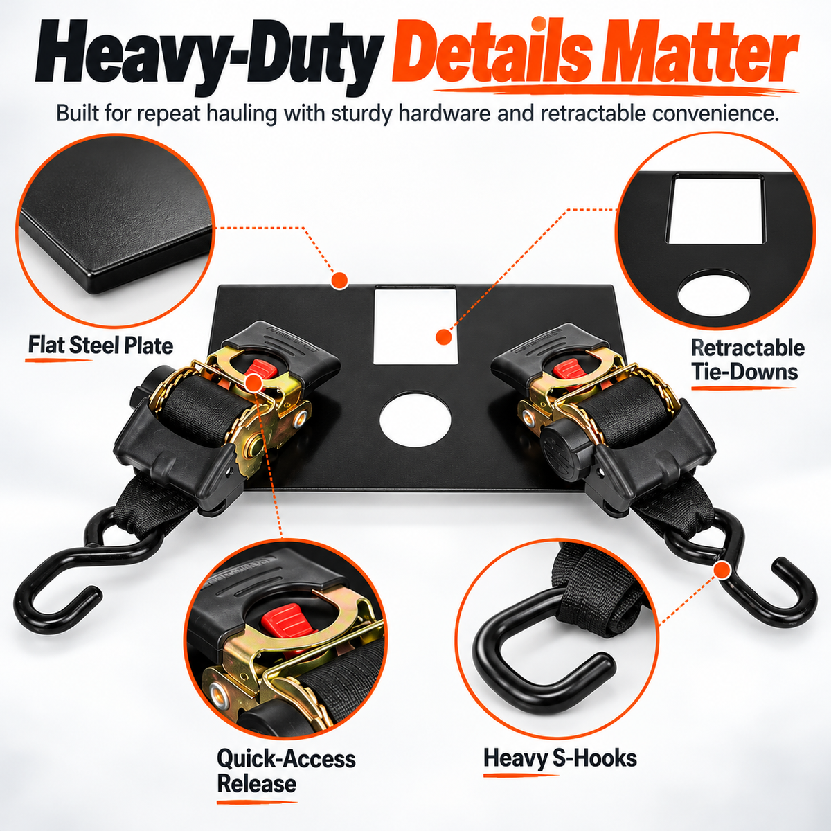 Heavy-Duty Hitch Tie-Down Plate – Dual 1300LB Retractable Ratchet Straps for ATV & UTV Hauling