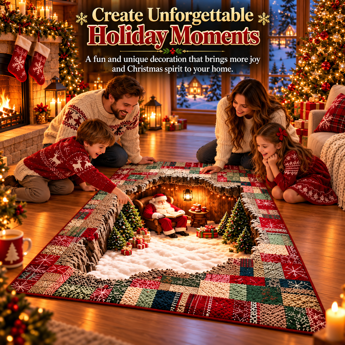 🛍️3D Optical Illusion Christmas Village Rug – Hidden Santa Winter Wonderland