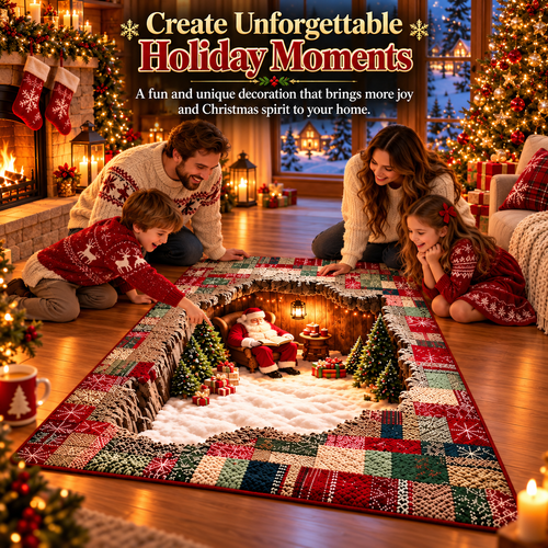 🛍️3D Optical Illusion Christmas Village Rug – Hidden Santa Winter Wonderland