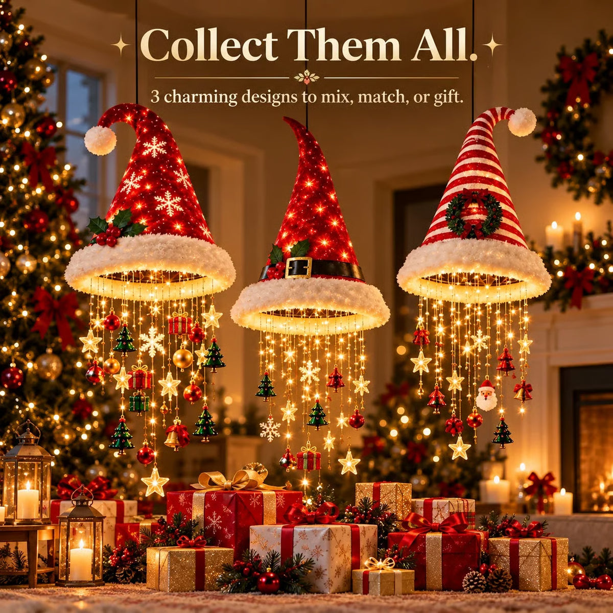 🎅🎅Santa Hat LED Hanging Light – Cascading Warm Fairy Lights with Festive Christmas Charms