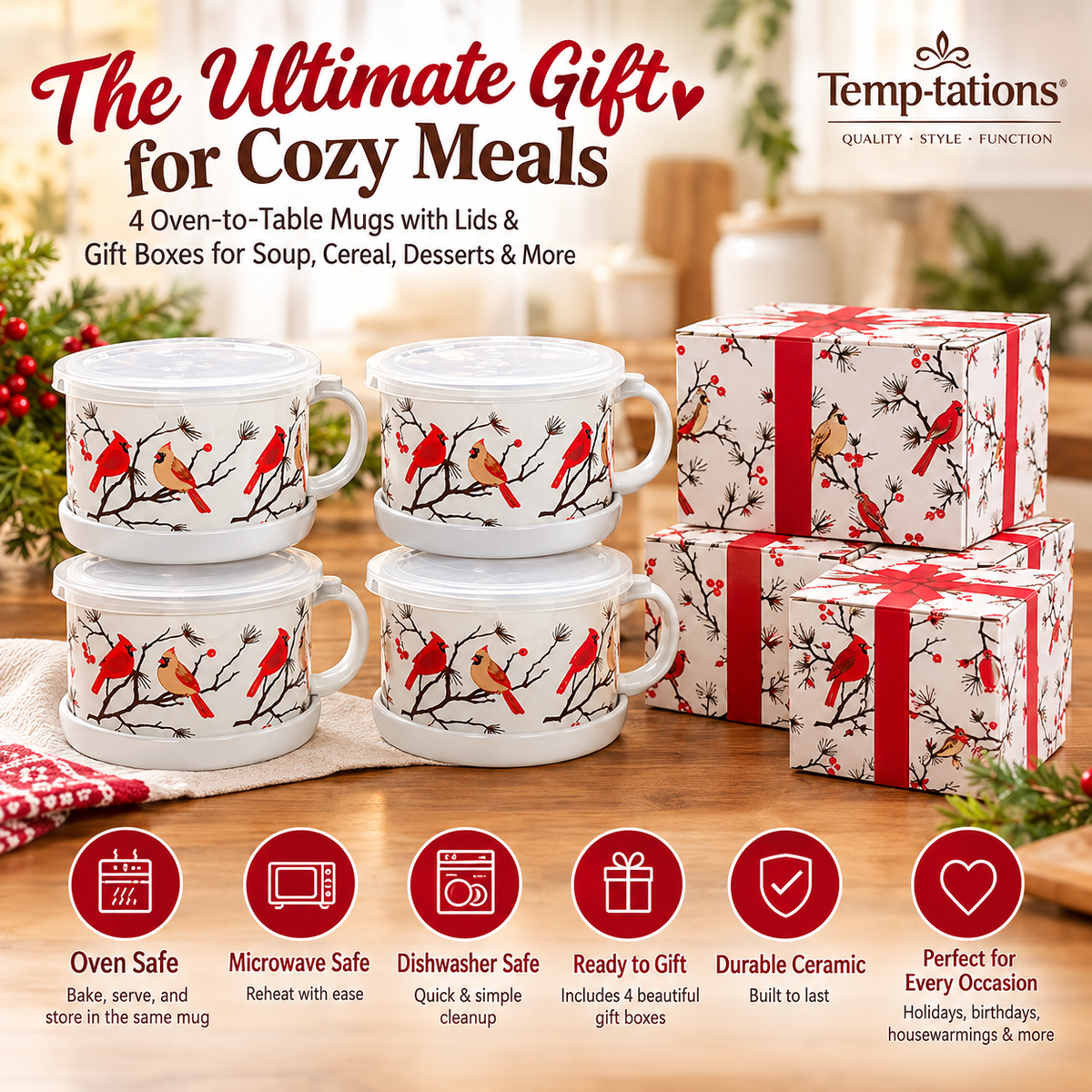 🍲🍲Temp-tations Set of 4 Mug Meals with Lid-it Lids & Gift Boxes – 25-oz Oven-to-Table Mugs for Soup, Oatmeal, Pasta & Desserts