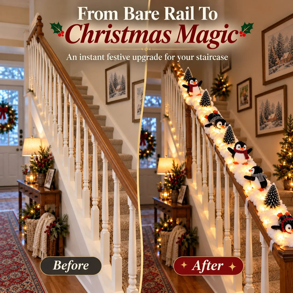 🔥 Hot Sale 40% OFF – Playful Penguin Snowy Stair Railing Decor 🐧❄️