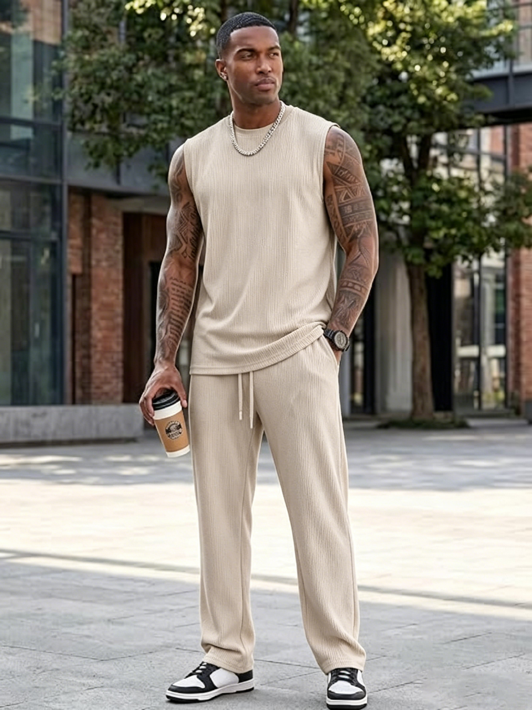 ✨Modern Knit Men's 2-Piece Leisure Suit – Sleeveless Tank Top & Lounge Pants