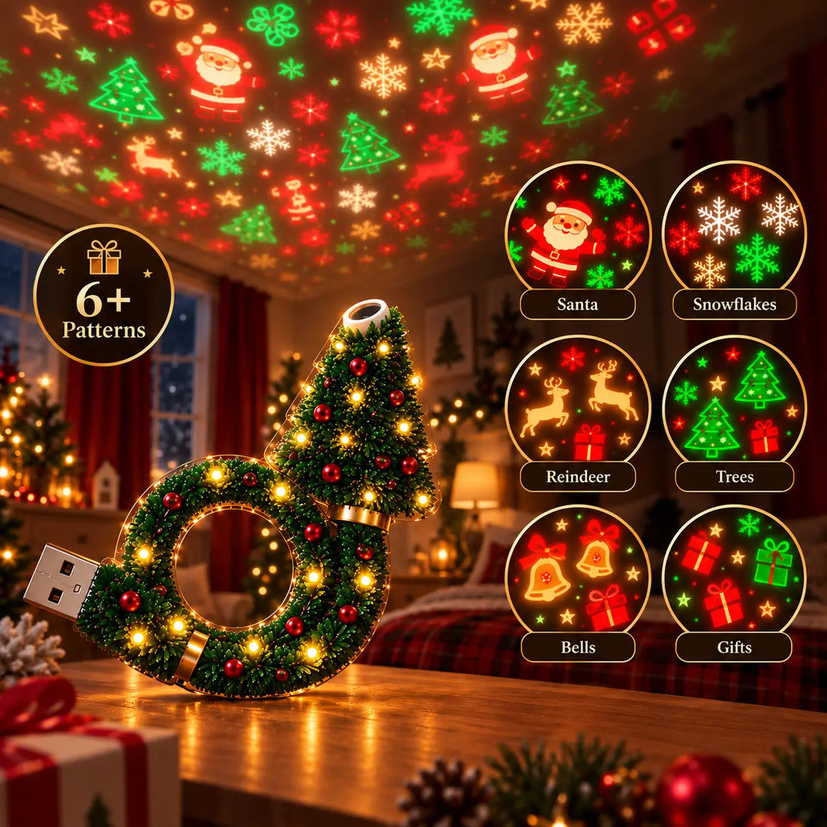🎄 2026 Christmas Projector Night Light – USB Plug-In Holiday Projector Lamp | 6+ Festive Patterns for Bedroom, Party & Christmas Décor