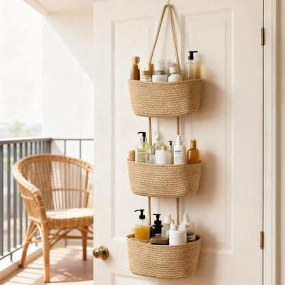 🔥HOT SALE🔥🧺Woven cotton 3-Tier Over the Door Basket, Wall-Mounted Jute Storage Organizer