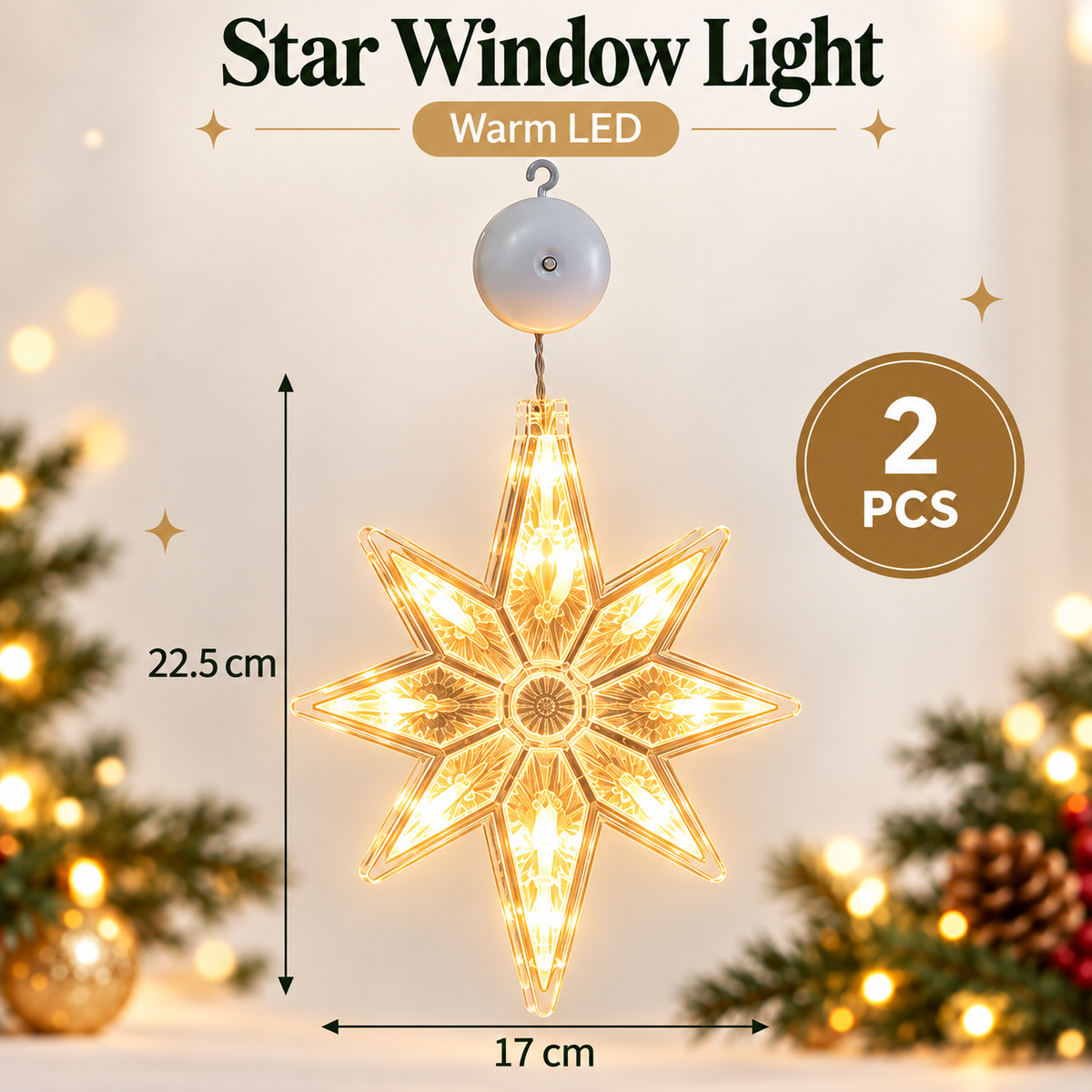 🎄 2Pcs Christmas LED Window Lights – Battery Operated Suction Cup Holiday Decorations, Warm White & Multicolor