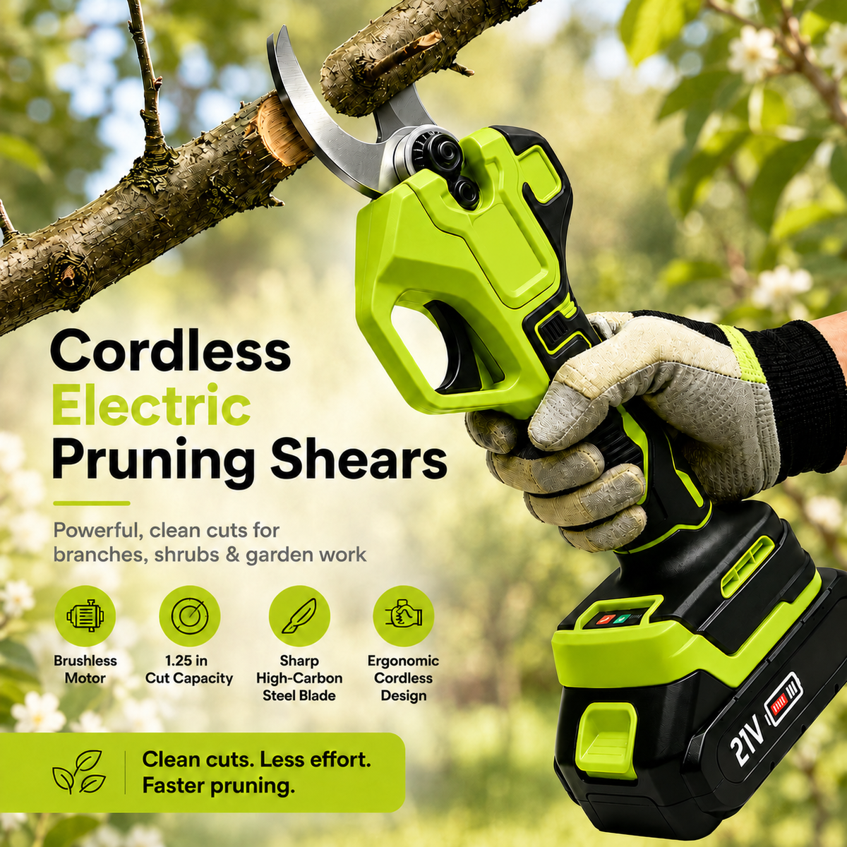🌿 Cordless Electric Pruning Shears – Brushless Motor & 0.8″–1.26″ Adjustable Cutting Diameter ✂️