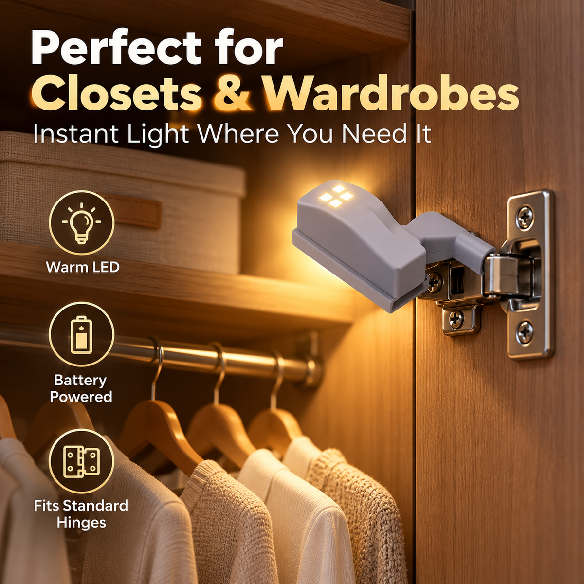 💡💡Smart Motion Sensor LED Hinge Light – Auto-On Cabinet Lighting for Wardrobes, Kitchen Cabinets & Shoe Storage