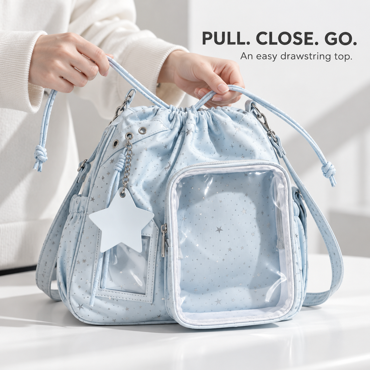 🎒🎒Star Print Ita Shoulder Bag – Clear Display Pocket, Drawstring Closure & Cute Star Charm