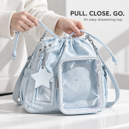 🎒🎒Star Print Ita Shoulder Bag – Clear Display Pocket, Drawstring Closure & Cute Star Charm