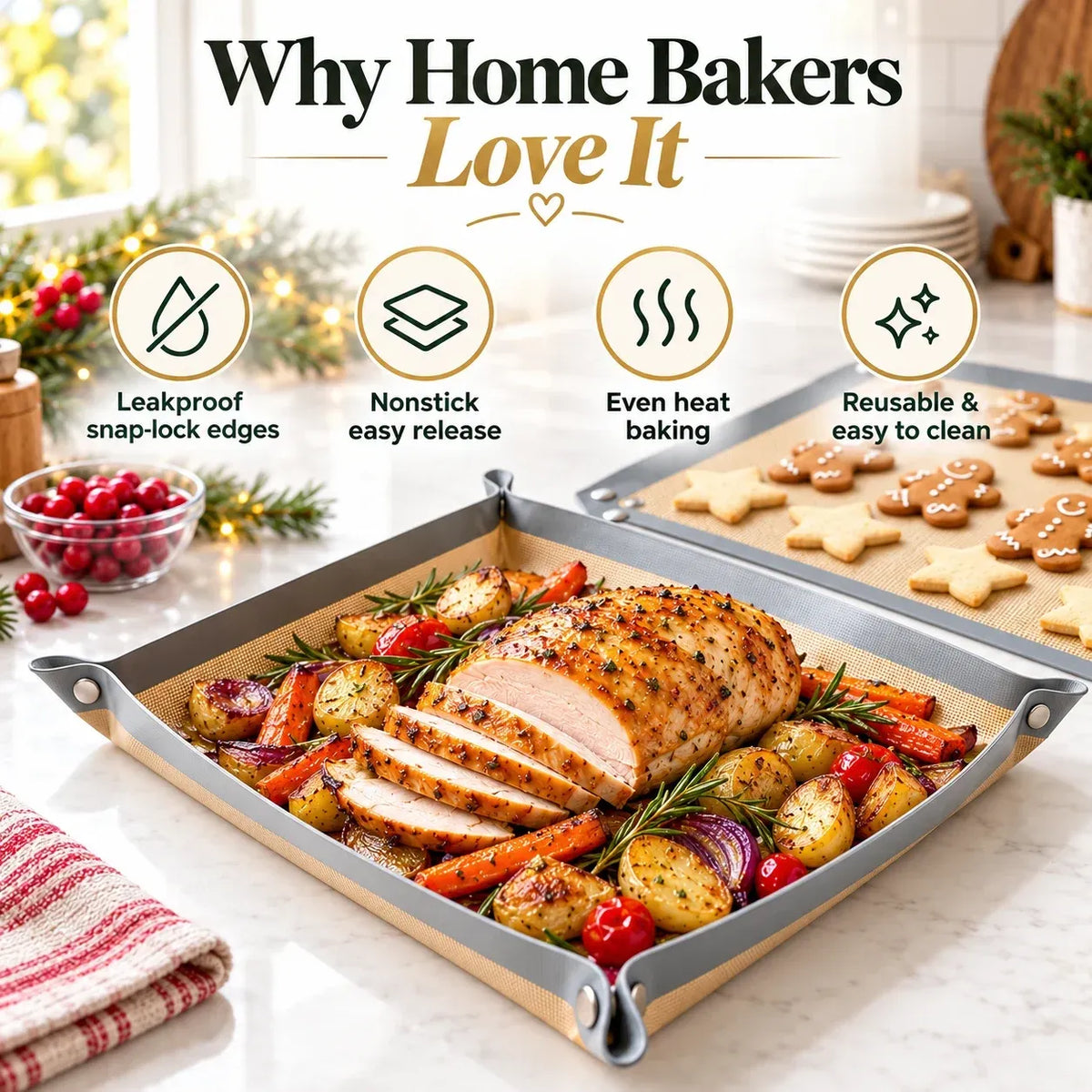 2 Pack Snap-Lock Silicone Baking Mat -2in-1 Nonstick Oven Liner & RaisedEdge Roasting Mat