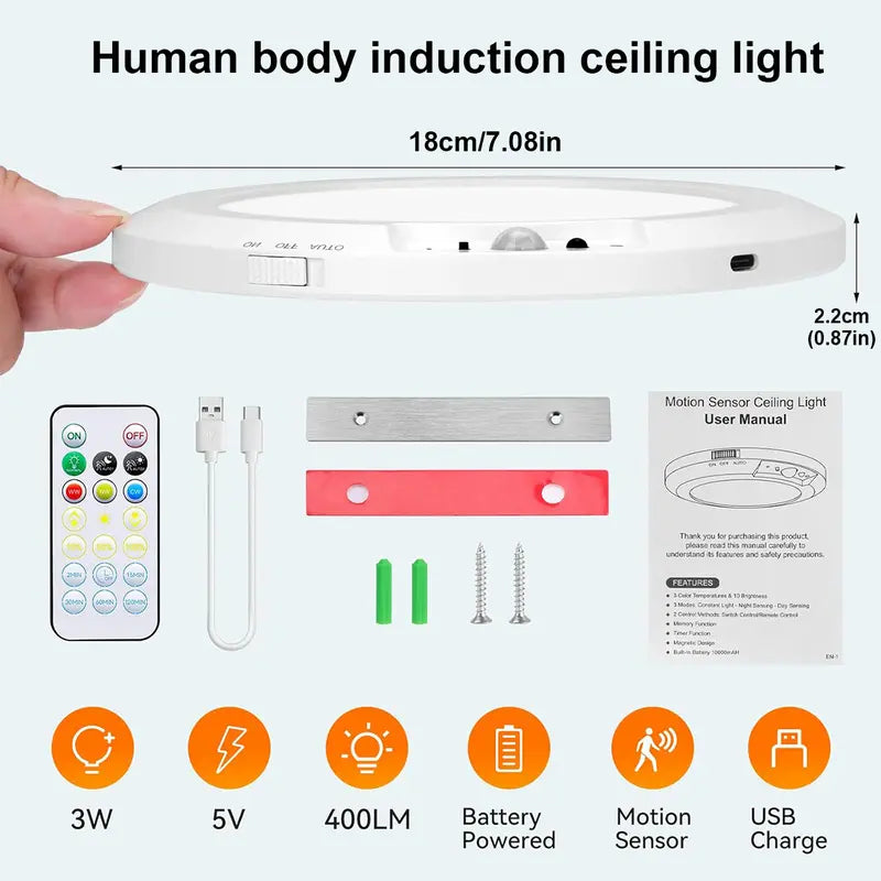 Rechargeable Motion Sensor Ceiling Light – Wireless Magnetic Mount, Remote Control & Adjustable LED Lighting