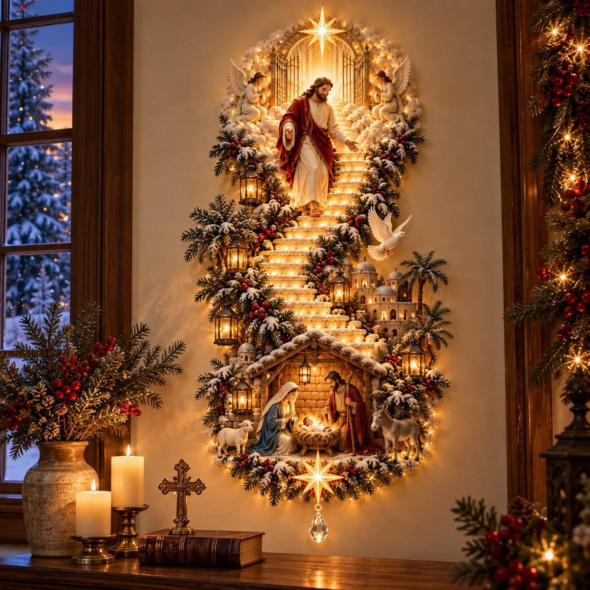 🔥✨ Jesus Light of Heaven Christmas Wall Hanging | Illuminated Nativity Stairway Decor ✝️