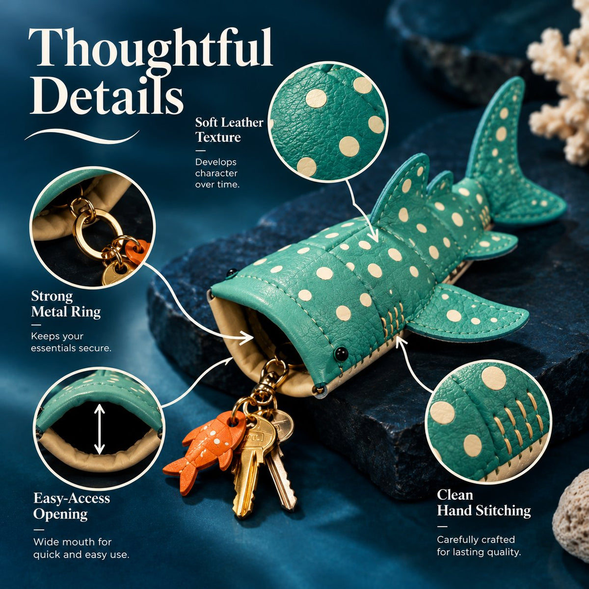 ✂️ Premium Leather Whale Shark Coin Purse | Hand-Stitched Ocean Key Holder