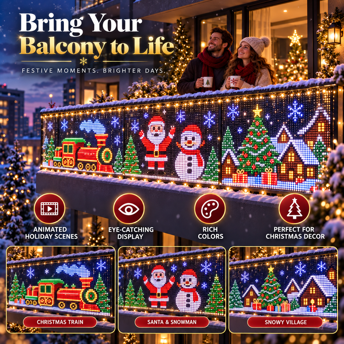 🎄🏠 Smart RGB Pixel Curtain Lights – App-Controlled Animated Holiday Display for Balcony & Window Decor-1.6m*1.6m