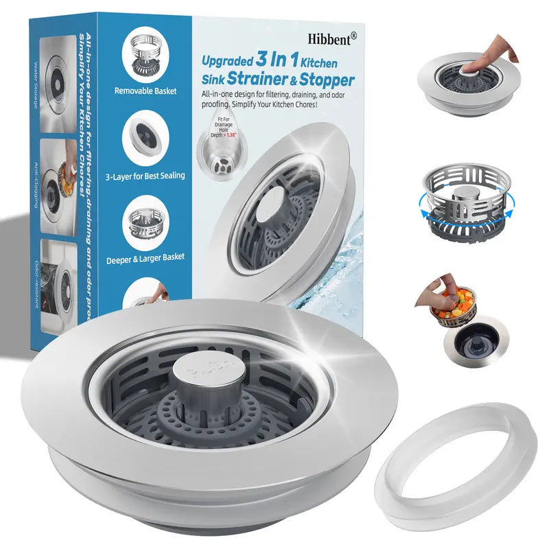 🚰 3-in-1 Stainless Steel Sink Strainer & Pop-Up Stopper – Removable Basket for 3½″ Drains ✨