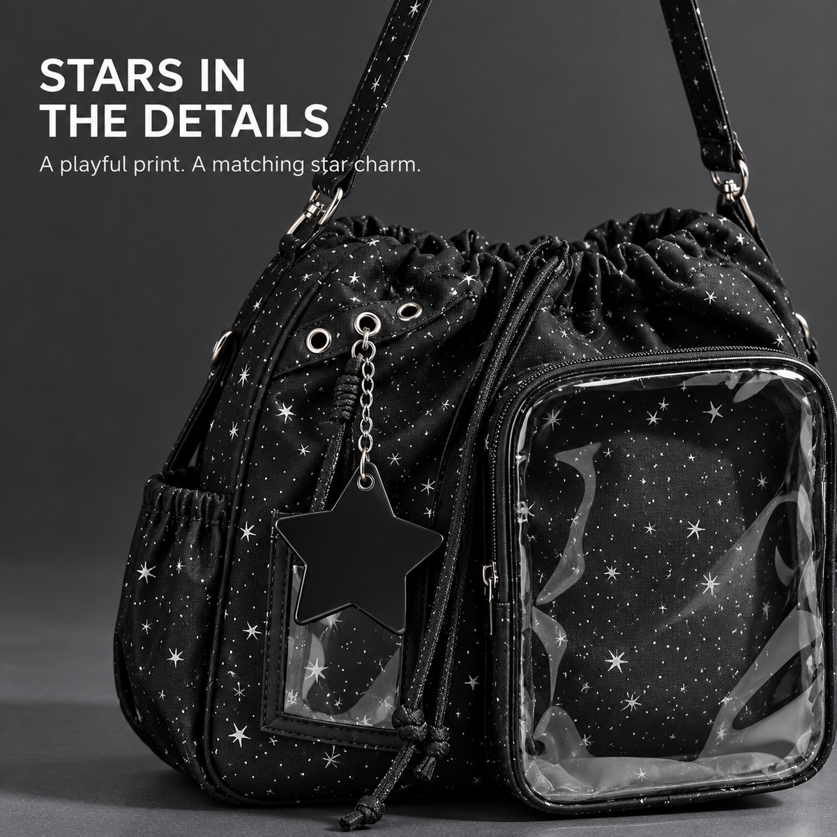 🎒🎒Star Print Ita Shoulder Bag – Clear Display Pocket, Drawstring Closure & Cute Star Charm