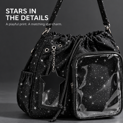 🎒🎒Star Print Ita Shoulder Bag – Clear Display Pocket, Drawstring Closure & Cute Star Charm