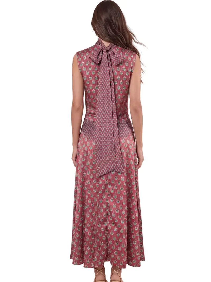 Elegant Retro Print Satin Two-Piece Set – Sleeveless Scarf Neck Halter Top & Flowing Maxi Skirt