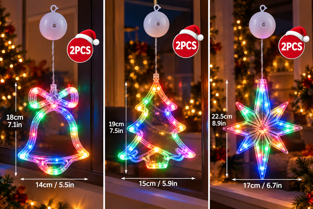 🎄 2Pcs Christmas LED Window Lights – Battery Operated Suction Cup Holiday Decorations, Warm White & Multicolor