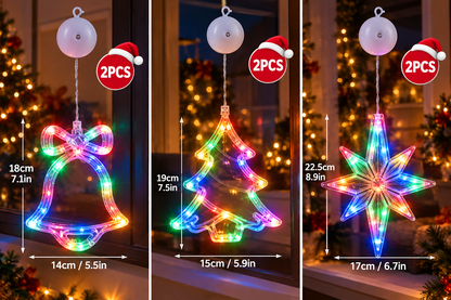 🎄 2Pcs Christmas LED Window Lights – Battery Operated Suction Cup Holiday Decorations, Warm White & Multicolor