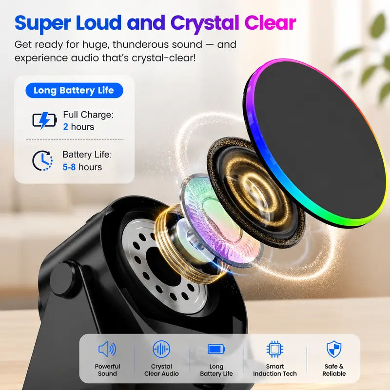 5-in-1 Wireless Induction Bluetooth Speaker – 360° Rotating LED Light Stand, 10m Range