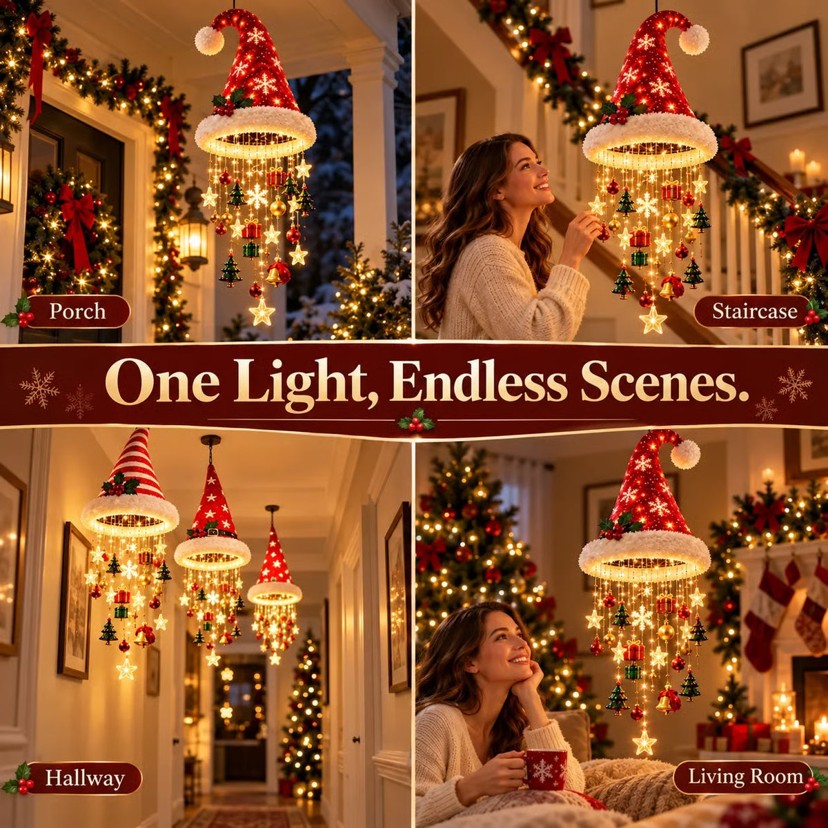 🎅🎅Santa Hat LED Hanging Light – Cascading Warm Fairy Lights with Festive Christmas Charms