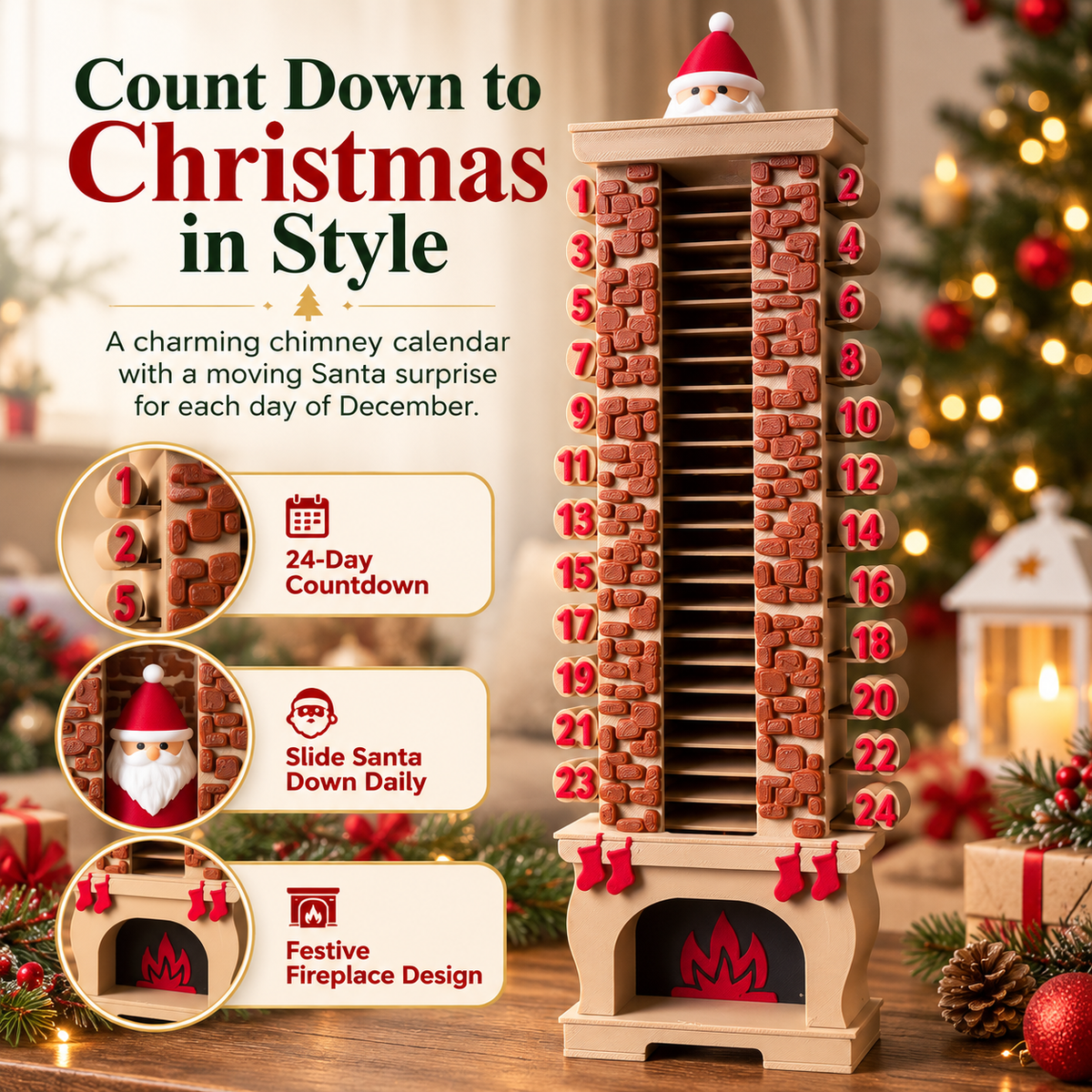 🎅Santa Chimney Christmas Countdown Calendar – 24-Day Holiday Advent Decoration🏠