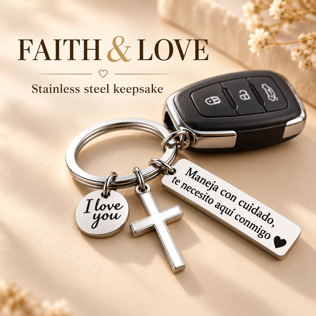 Drive Safe, I Need You Here With Me Keychain – Romantic Spanish Love Gift with Cross & I Love You Charm
