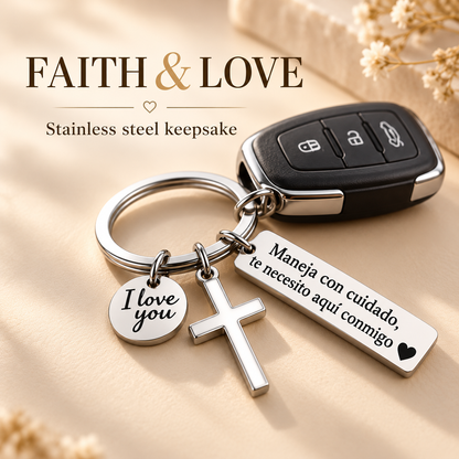 Drive Safe, I Need You Here With Me Keychain – Romantic Spanish Love Gift with Cross & I Love You Charm
