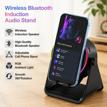 5-in-1 Wireless Induction Bluetooth Speaker – 360° Rotating LED Light Stand, 10m Range