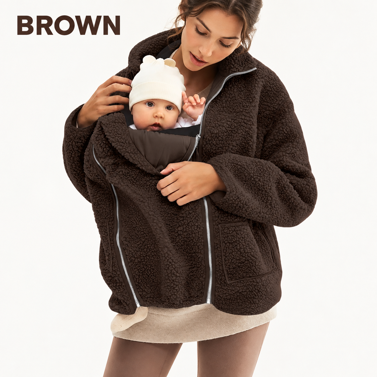 2-in-1 Maternity & Babywearing Teddy Fleece Jacket – Cozy Zip-Up Coat with Detachable Baby Panel for Moms