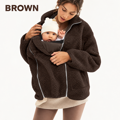 2-in-1 Maternity & Babywearing Teddy Fleece Jacket – Cozy Zip-Up Coat with Detachable Baby Panel for Moms