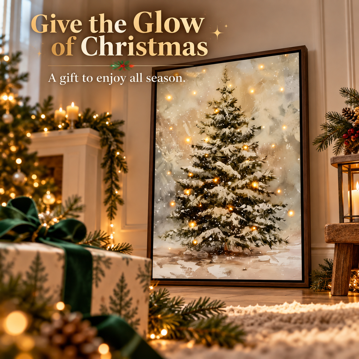 Light-Up Snowy Christmas Tree Wall Art – Framed Holiday Decor with Warm Twinkling Lights