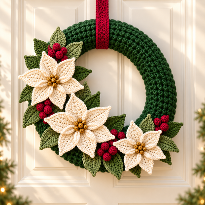 Crochet Christmas Wreath Pattern PDF – Poinsettia & Berry Wreath