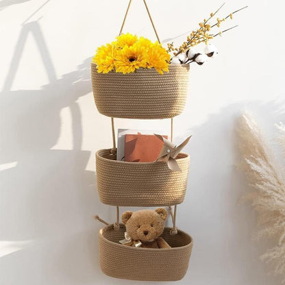 🔥HOT SALE🔥🧺Woven cotton 3-Tier Over the Door Basket, Wall-Mounted Jute Storage Organizer